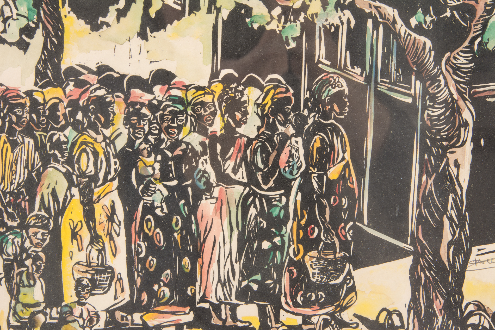 Limited Edition Hand Colored Linocut "Waiting for Food"