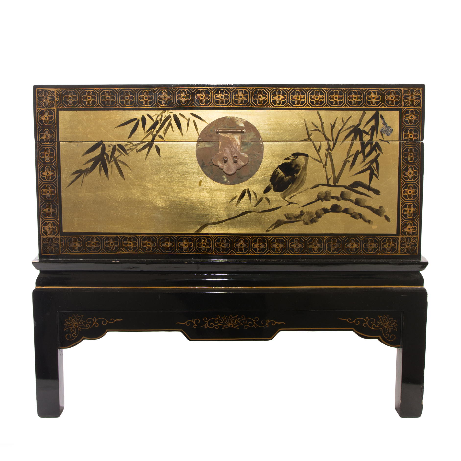 Black Lacquer Chinoiserie Chest on Stand