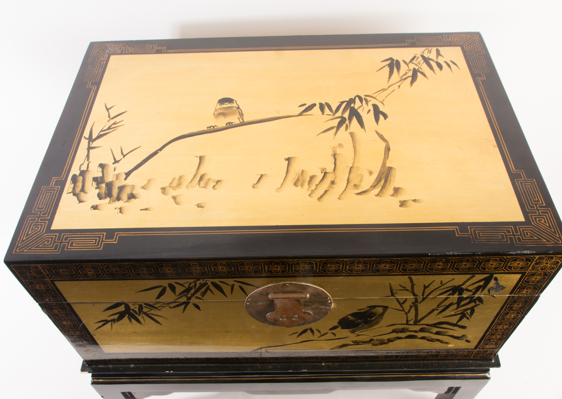 Black Lacquer Chinoiserie Chest on Stand