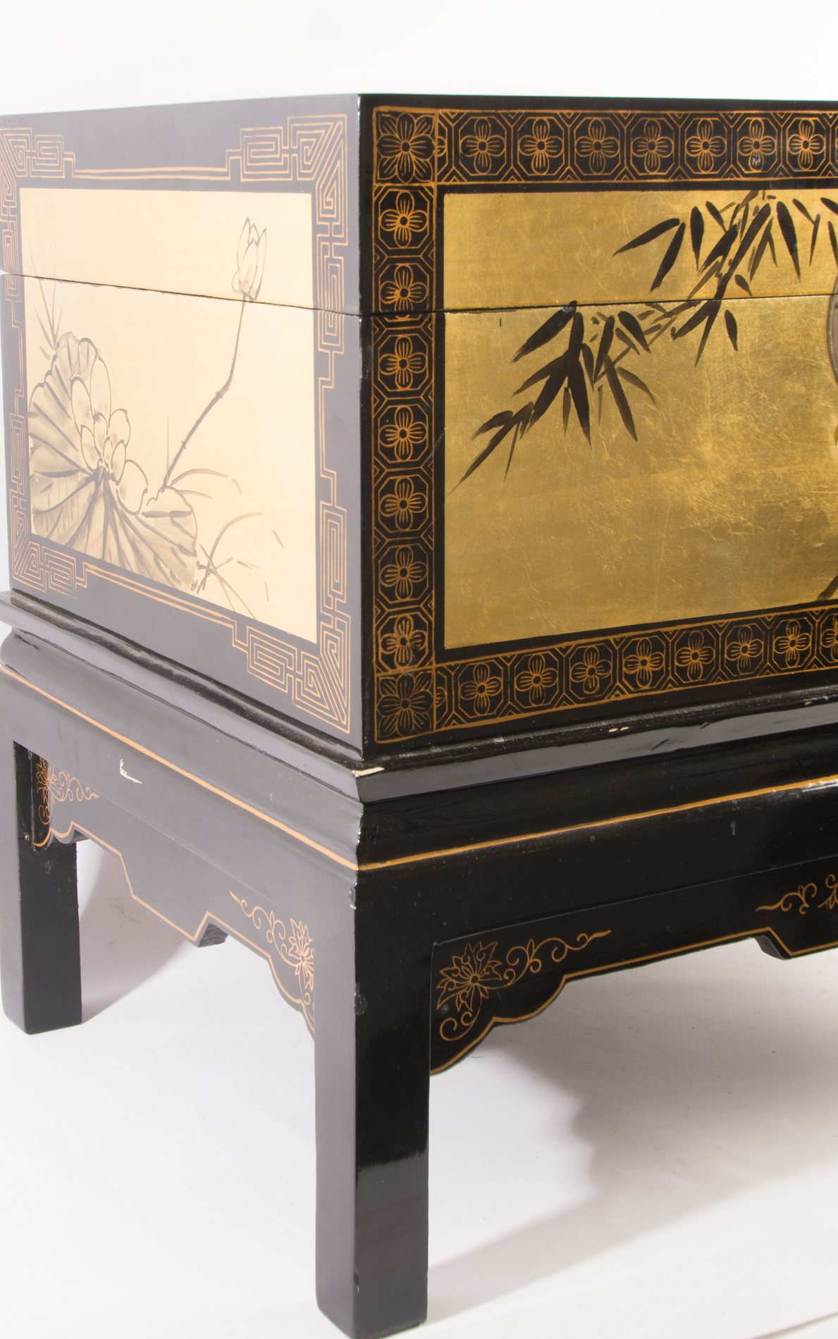 Black Lacquer Chinoiserie Chest on Stand