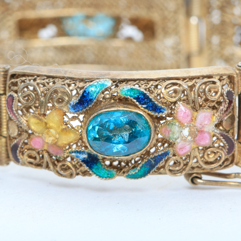 Vintage Sterling Silver 5.40 CTW Topaz Enameled Filigree Bracelet