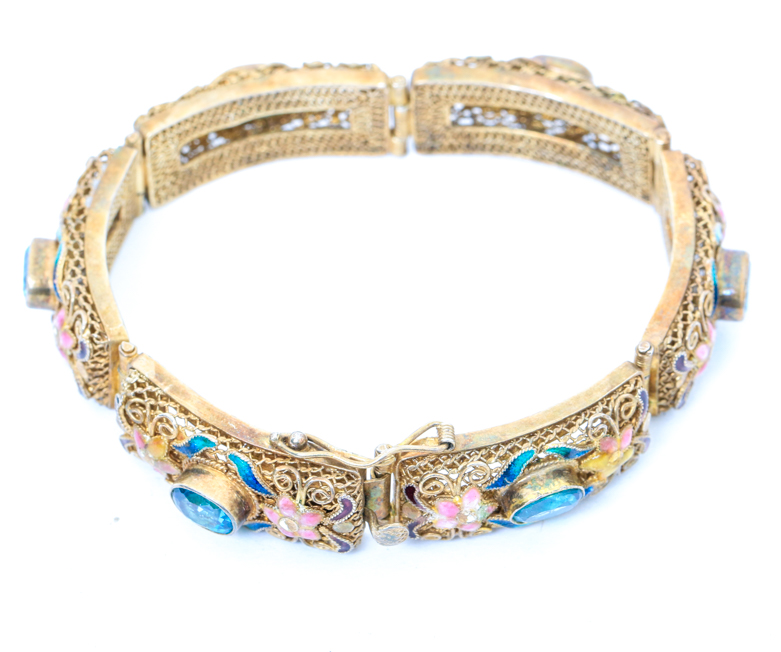 Vintage Sterling Silver 5.40 CTW Topaz Enameled Filigree Bracelet