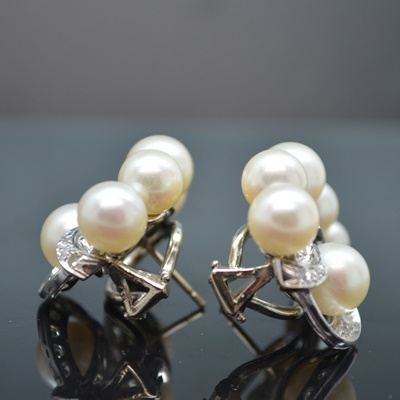 14K White Gold Cultured Pearl 1.00 CTW Diamond Pierced Earrings