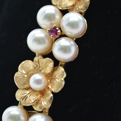 14K Yellow Gold Akoya Cultured Pearl and Ruby Floral Bracelet
