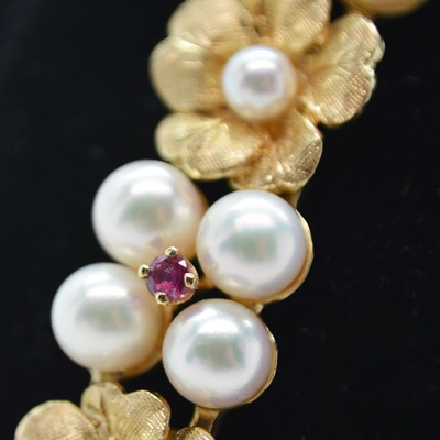 14K Yellow Gold Akoya Cultured Pearl and Ruby Floral Bracelet