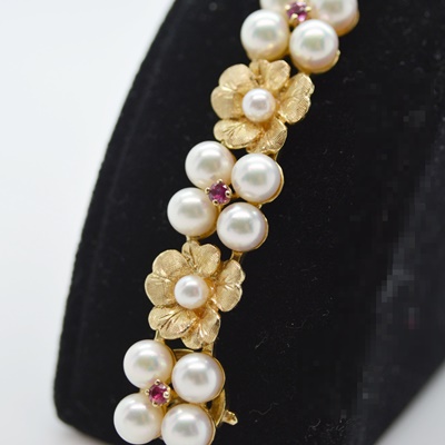 14K Yellow Gold Akoya Cultured Pearl and Ruby Floral Bracelet