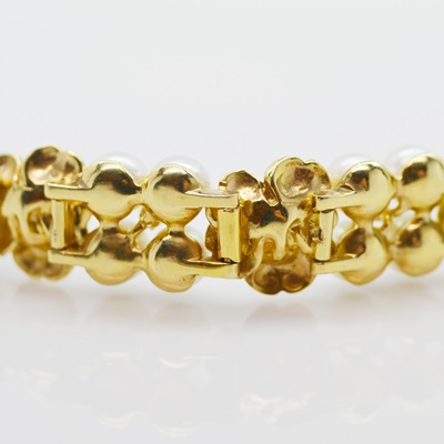 14K Yellow Gold Akoya Cultured Pearl and Ruby Floral Bracelet