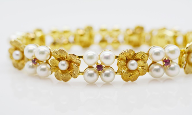 14K Yellow Gold Akoya Cultured Pearl and Ruby Floral Bracelet