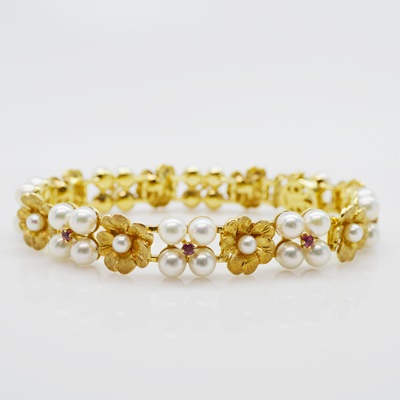 14K Yellow Gold Akoya Cultured Pearl and Ruby Floral Bracelet