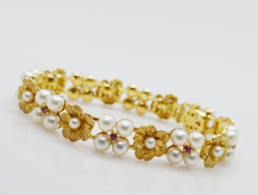 14K Yellow Gold Akoya Cultured Pearl and Ruby Floral Bracelet
