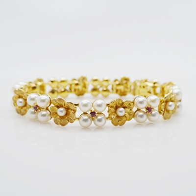 14K Yellow Gold Akoya Cultured Pearl and Ruby Floral Bracelet