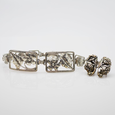 Sterling Silver Bracelet and 800 Silver Floral Clip-On Earrings