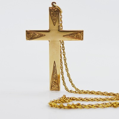 Victorian 10K Yellow Gold Cross Pendant on a Modern 14K Yellow Gold Necklace
