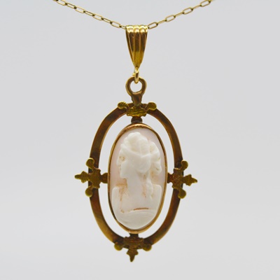 Antique 10K Rose Gold Coral Cameo Pendant on a 10K Yellow Gold Necklace