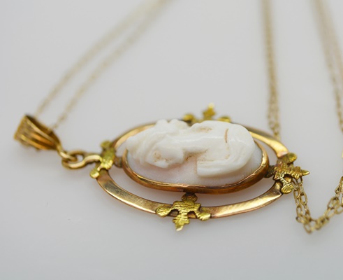 Antique 10K Rose Gold Coral Cameo Pendant on a 10K Yellow Gold Necklace
