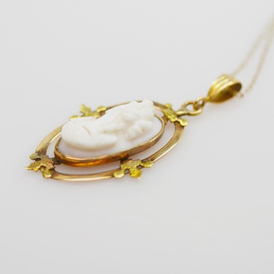 Antique 10K Rose Gold Coral Cameo Pendant on a 10K Yellow Gold Necklace