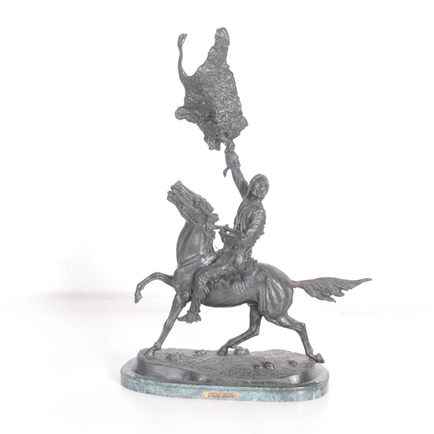 Reproduction Brass Sculpture After Frederic S. Remington's "Buffalo Signal"