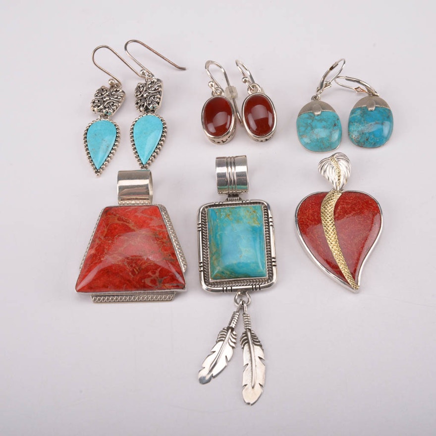 Collection of Sterling Silver Earrings and Pendants With Turquoise, Coral, and Carnelian