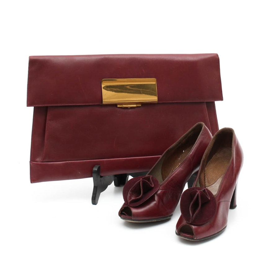 Vintage Burgundy Leather Clutch with Heels by Selby