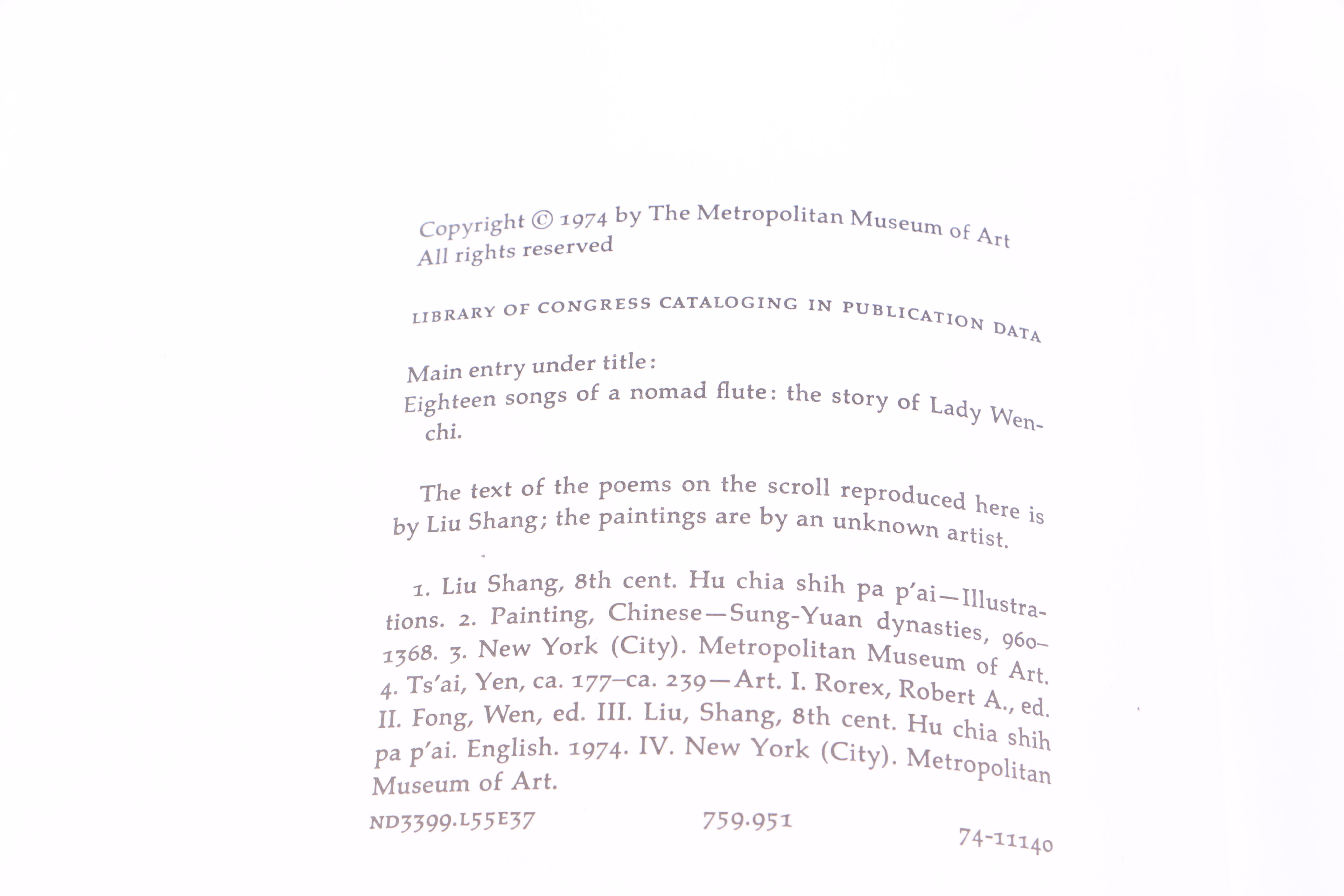 1974 "Eighteen Songs of a Nomad Flute: The Story of Lady Wen-Chi" by Robert A. Rorex and Wen Fong