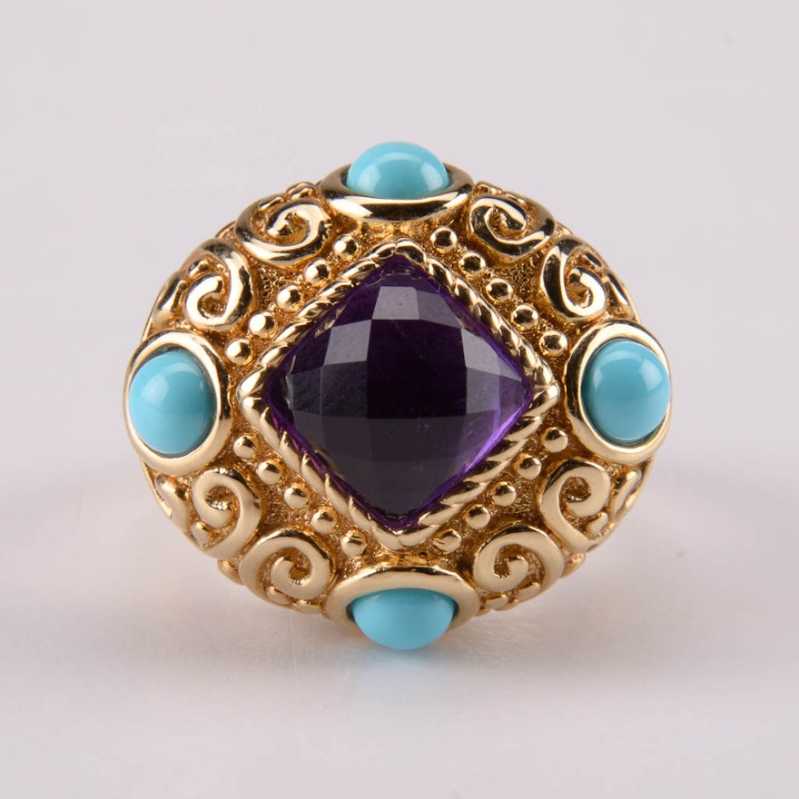 14K Yellow Gold Amethyst and Turquoise Ring