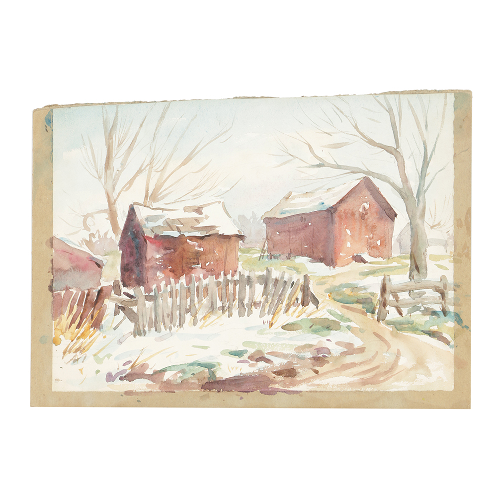 B. Lavau Watercolor Painting on Paper of Wintry Landscape
