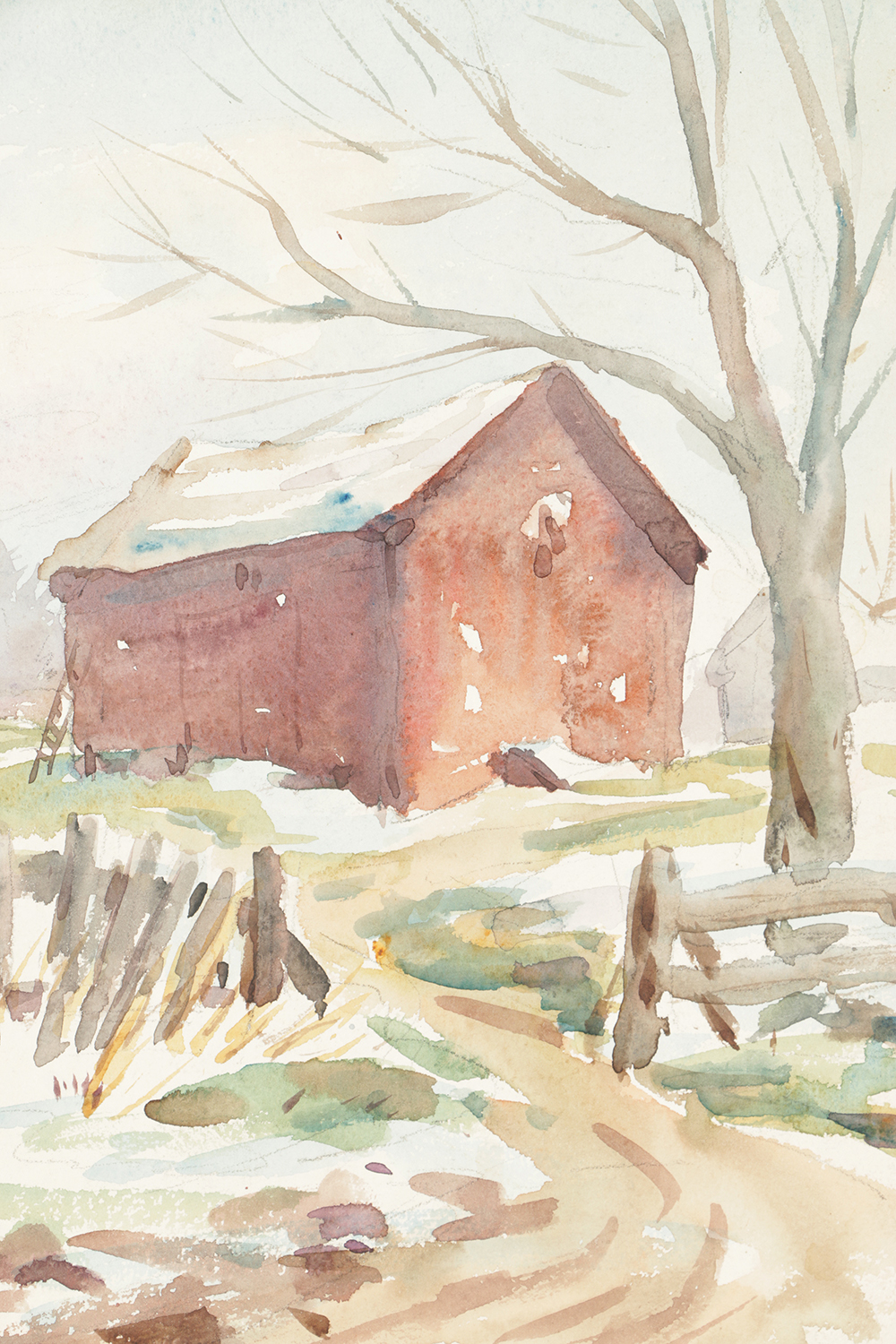 B. Lavau Watercolor Painting on Paper of Wintry Landscape