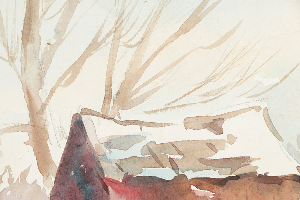 B. Lavau Watercolor Painting on Paper of Wintry Landscape