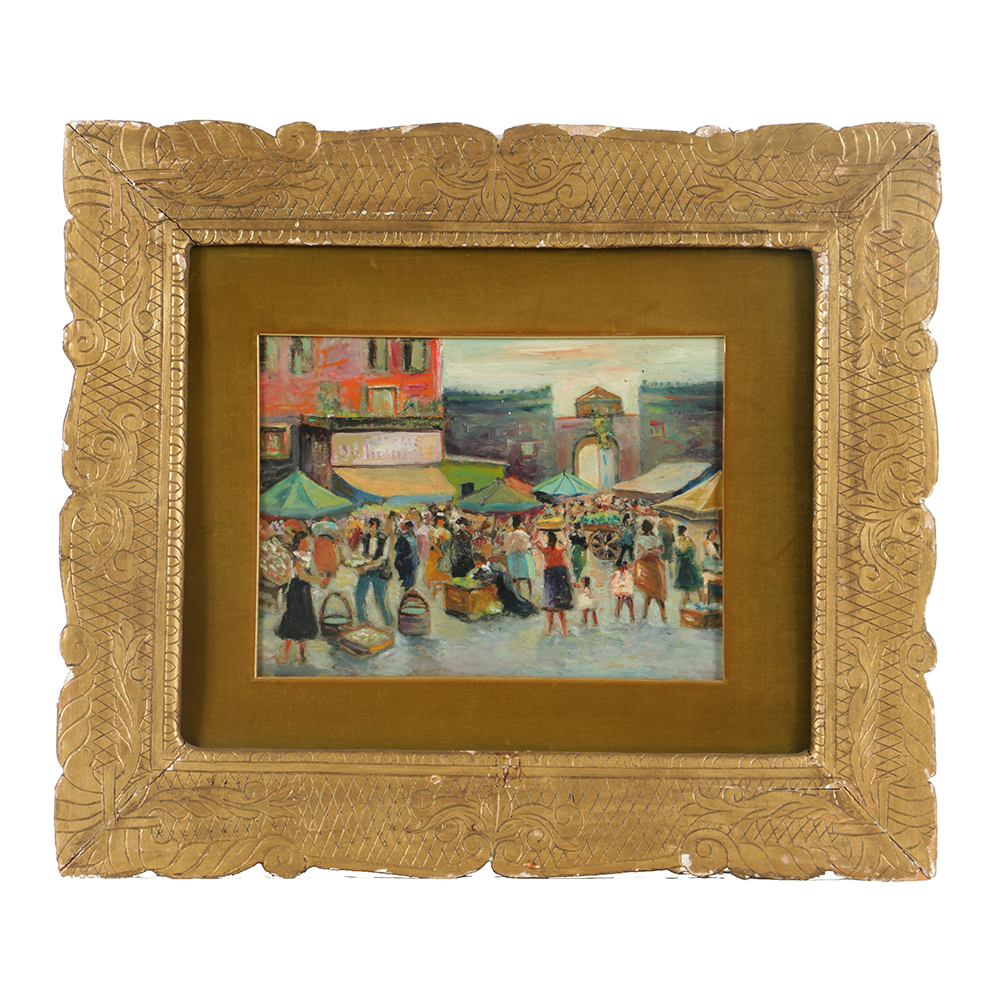 Double-Sided Oil Painting on Board of a Market