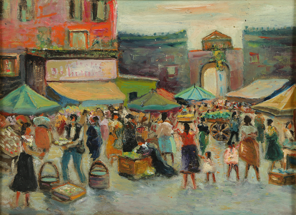 Double-Sided Oil Painting on Board of a Market