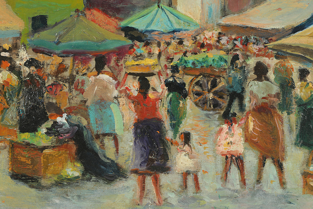 Double-Sided Oil Painting on Board of a Market