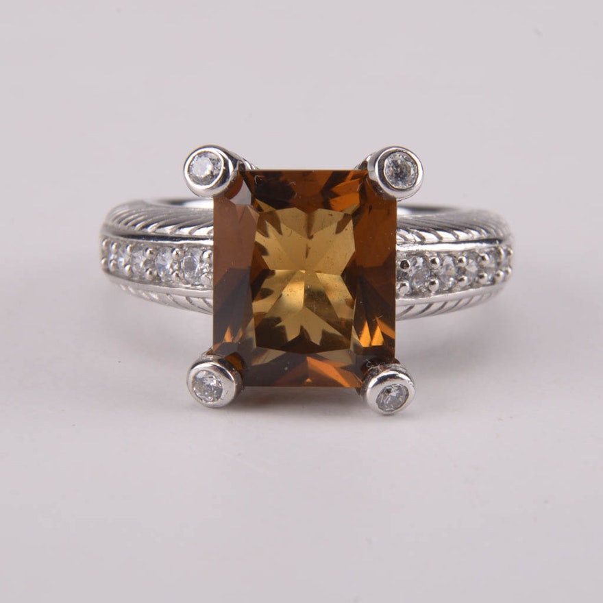 Judith Ripka Citrine and Cubic Zirconia Sterling Silver Ring