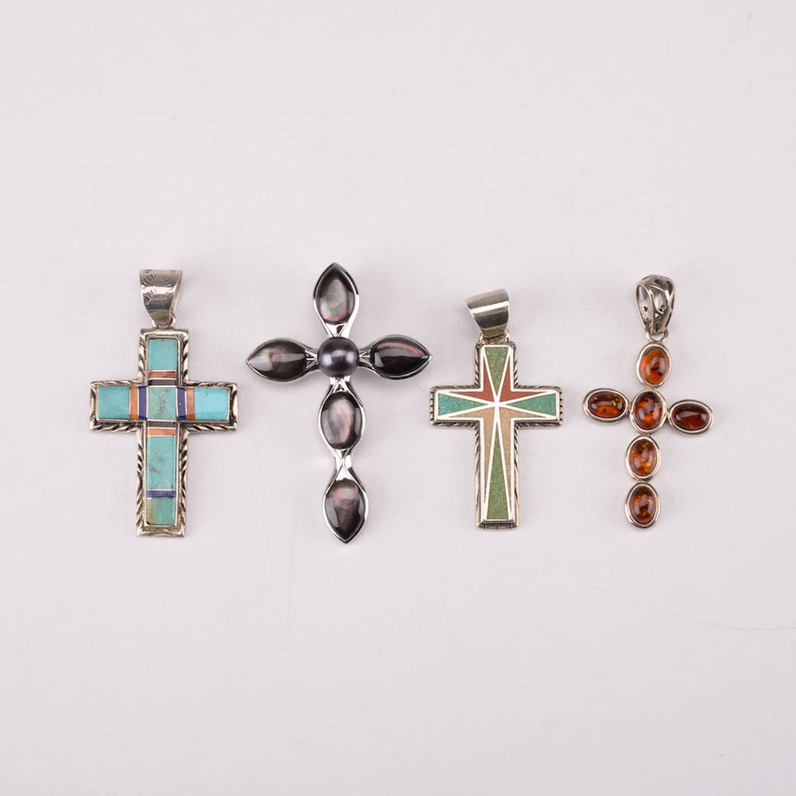 Sterling Silver Cross Pendants With Amber, Turquoise, and Black Mother of Pearl