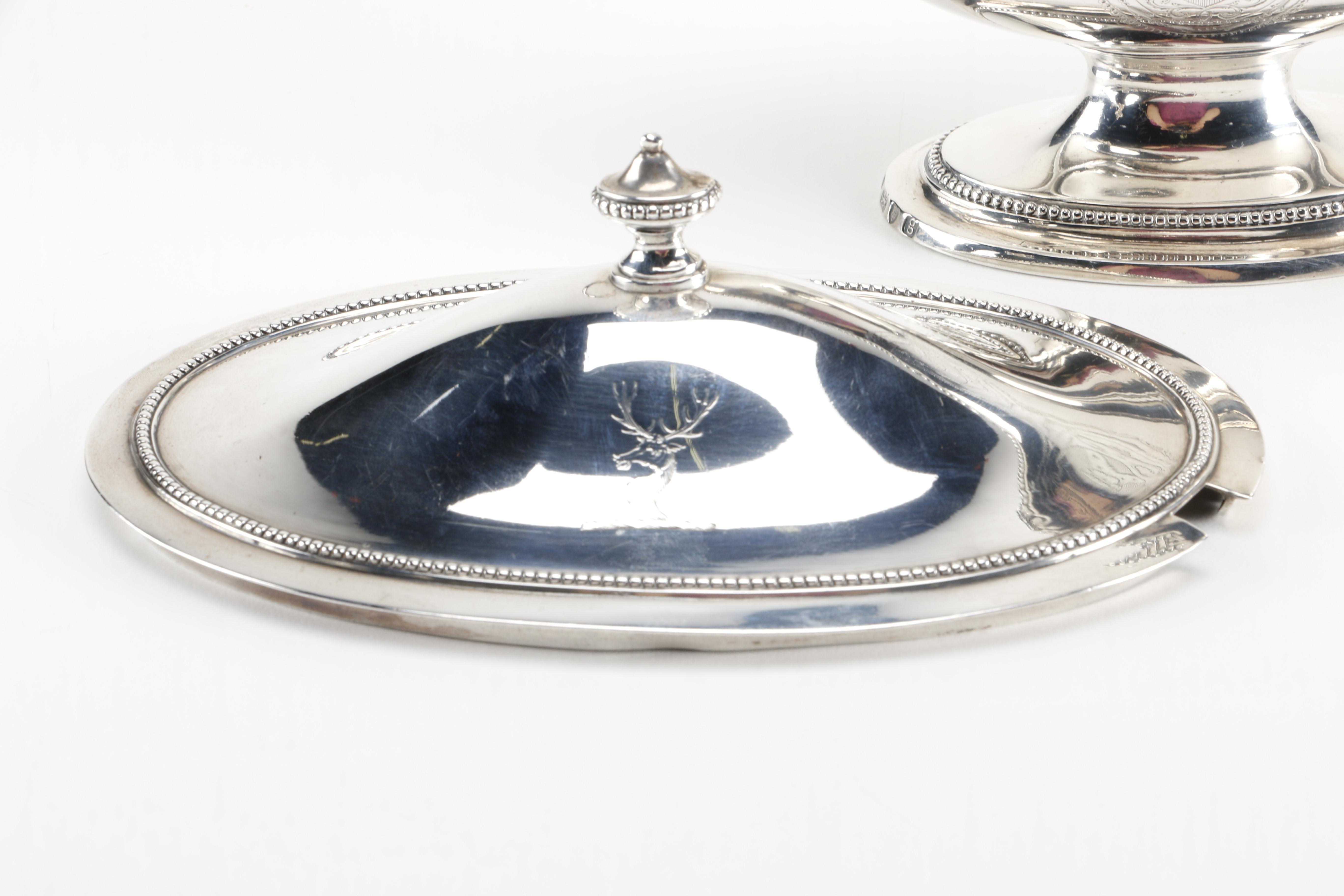 Antique English Sterling Silver Sauce Tureens With Child Family Crest