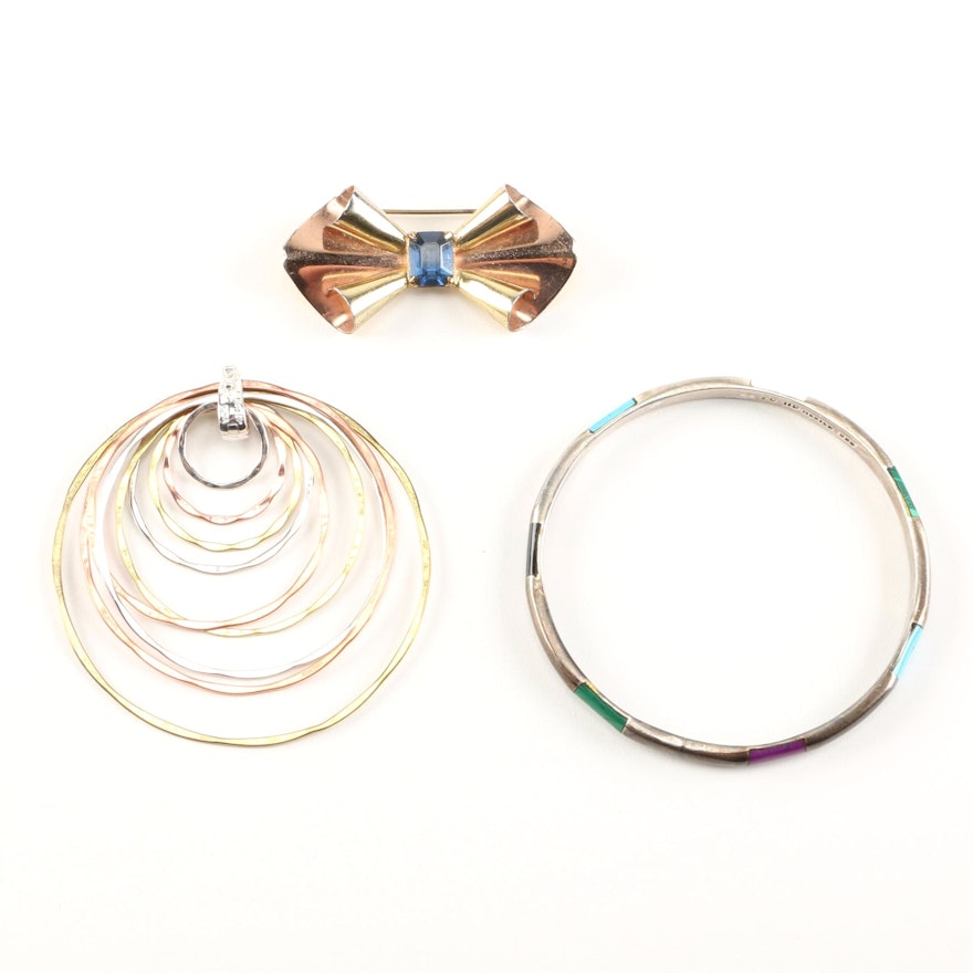 Sterling Silver Pendant, Brooch and Bangle With Gemstones