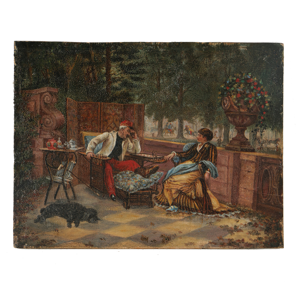 Oil Painting on Canvas Board of Late 19th Century Scene