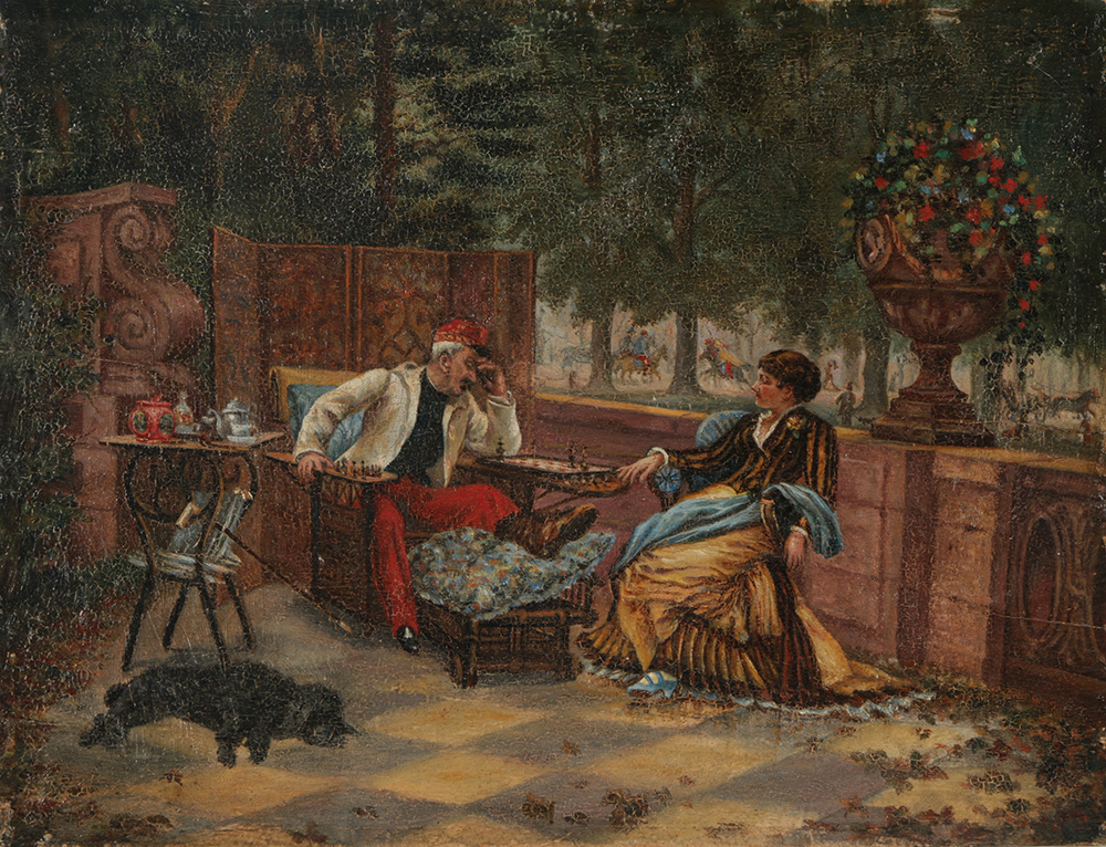 Oil Painting on Canvas Board of Late 19th Century Scene