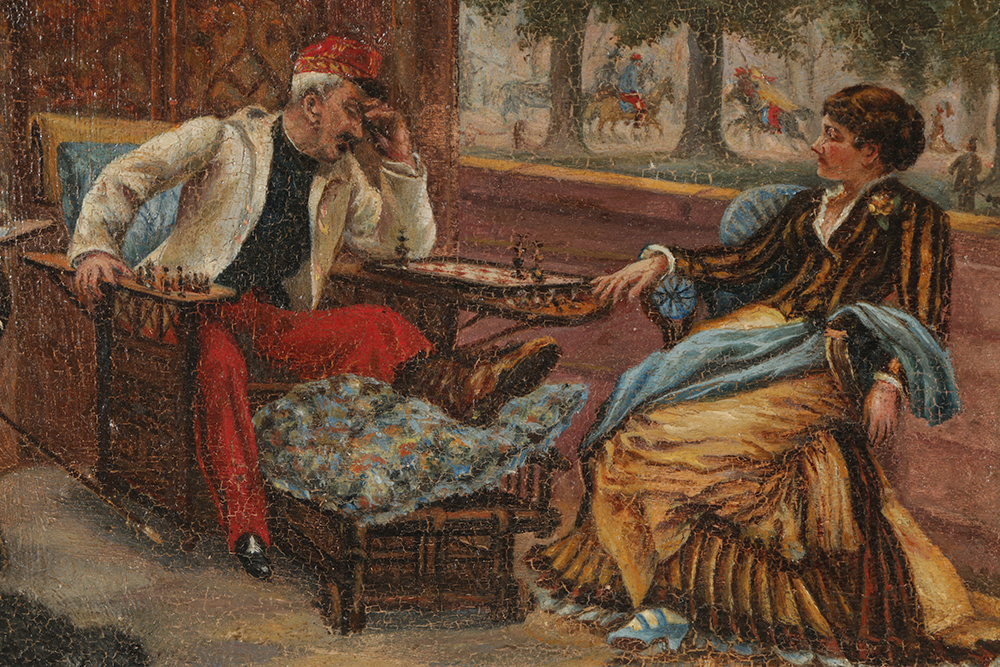 Oil Painting on Canvas Board of Late 19th Century Scene