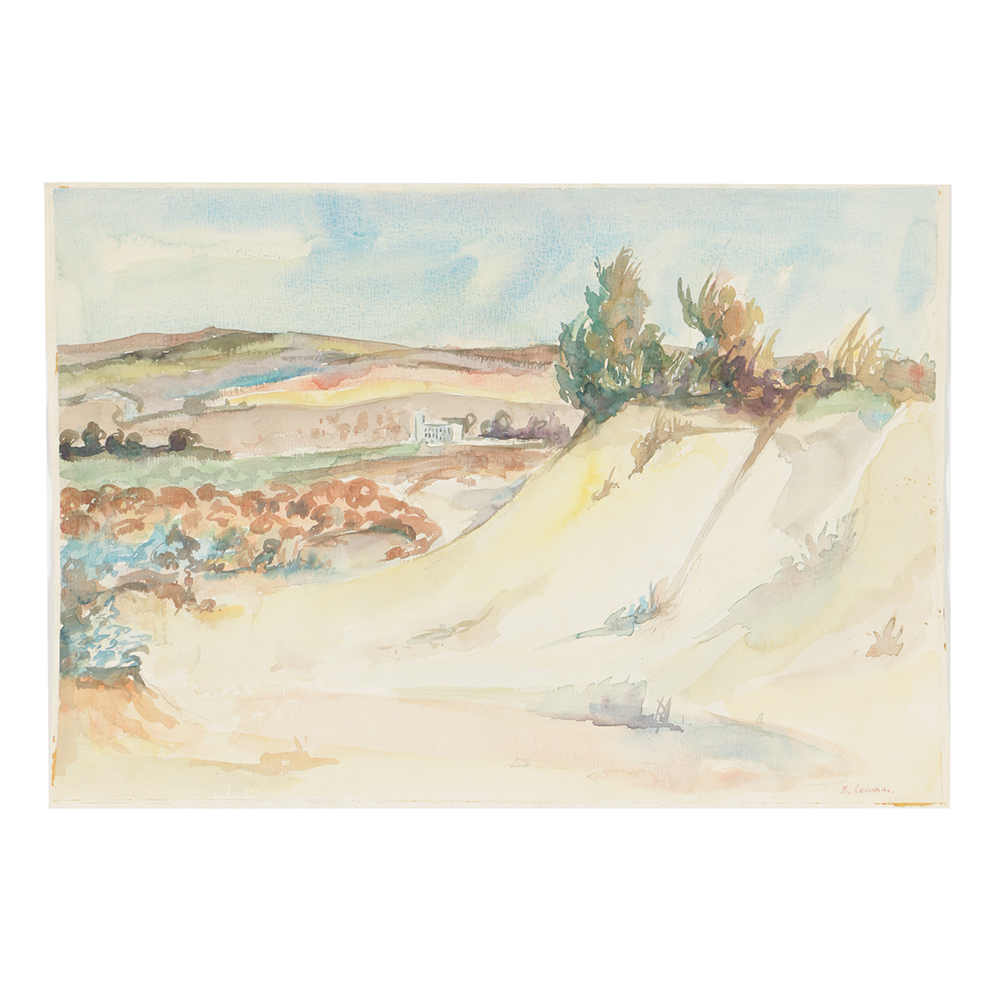 B. Lavau Watercolor Painting on Paper Hilly Landscape