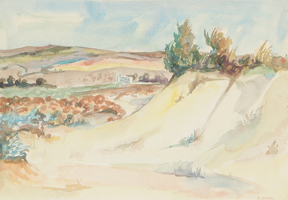 B. Lavau Watercolor Painting on Paper Hilly Landscape