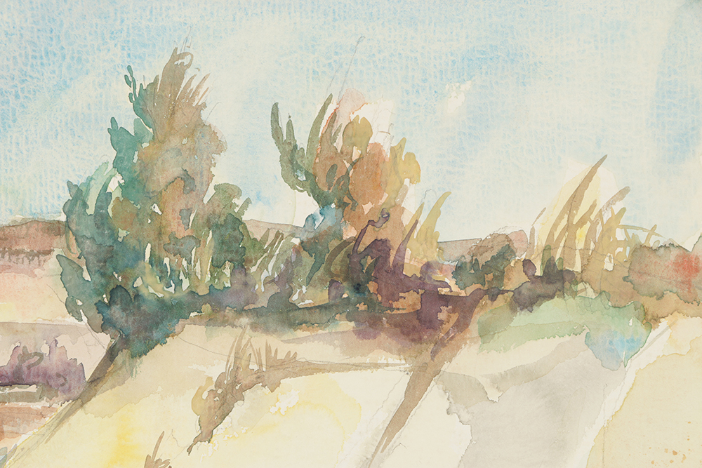 B. Lavau Watercolor Painting on Paper Hilly Landscape