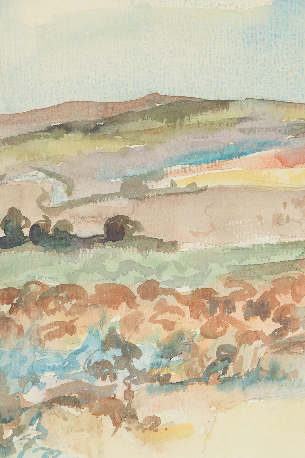 B. Lavau Watercolor Painting on Paper Hilly Landscape