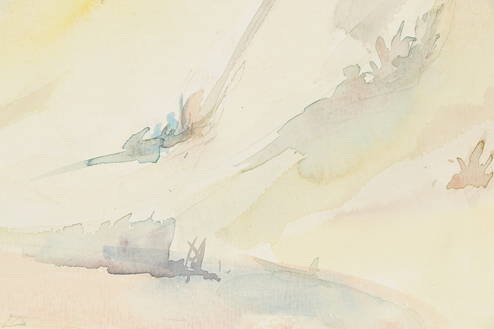 B. Lavau Watercolor Painting on Paper Hilly Landscape