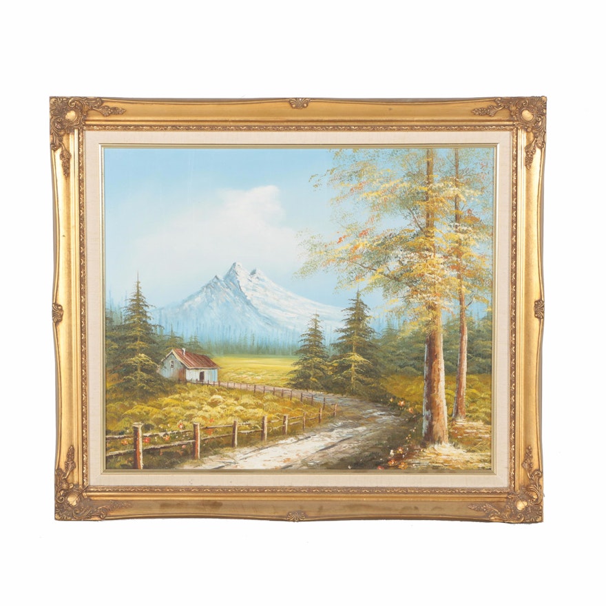 Framed Oil Painting on Canvas of Mountain Cabin