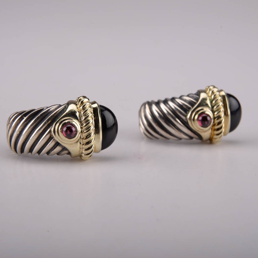 David Yurman Sterling Silver Earrings With Garnet, Black Onyx, and 14K Yellow Gold Accents