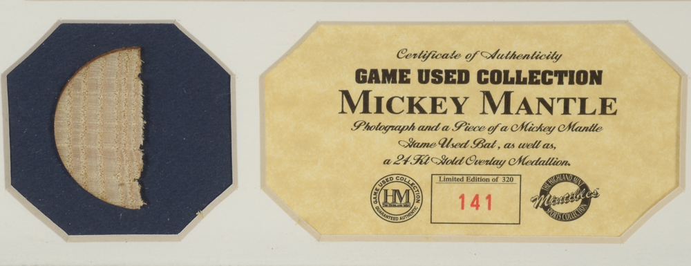 Mickey Mantle Highland Mint Piece of Bat  COA