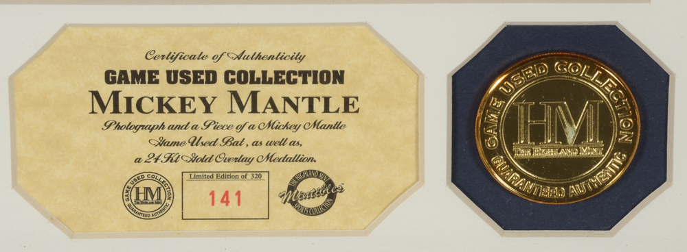 Mickey Mantle Highland Mint Piece of Bat  COA