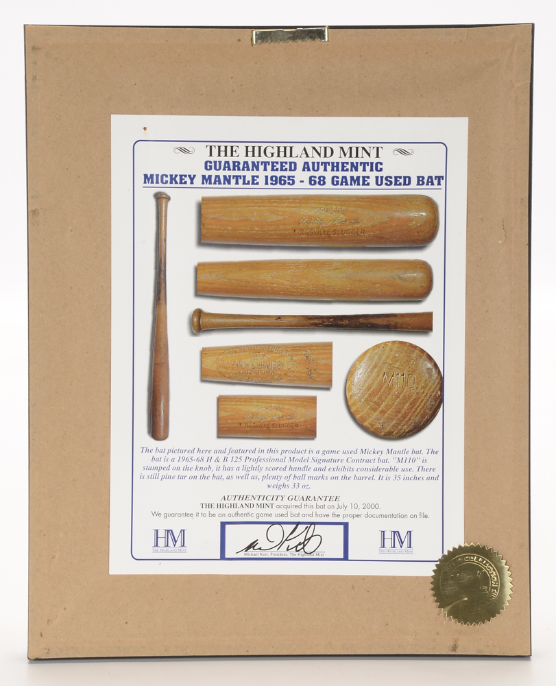 Mickey Mantle Highland Mint Piece of Bat  COA