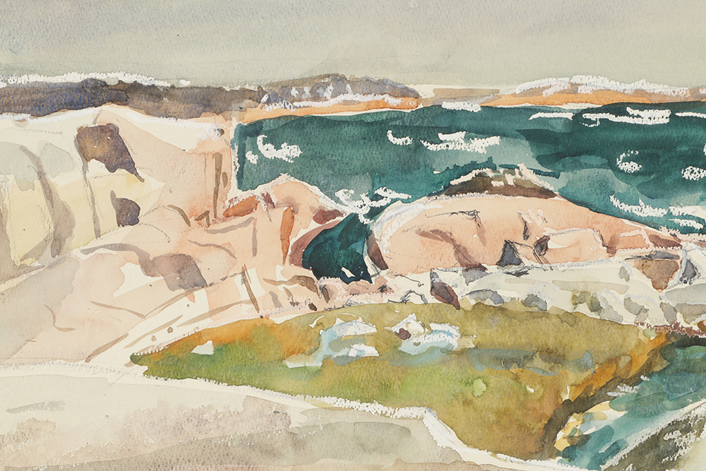 B. Lavau Watercolor Painting on Paper Rocky Waterscape