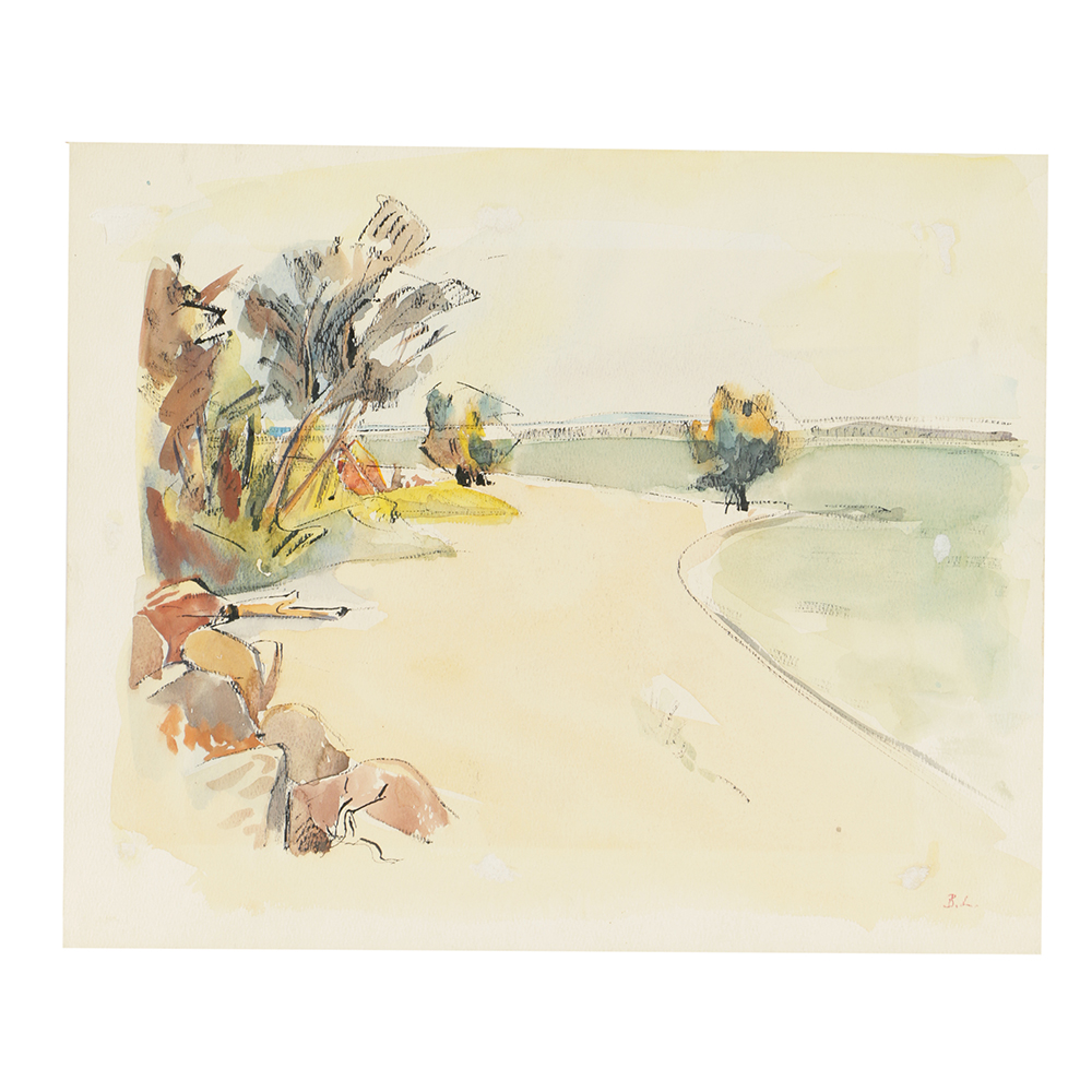 B. Lavau Ink and Watercolor Painting on Paper Landscape